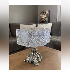 Art Nouveau Hand Cut Crystal Octagon Bowl Saw Tooth Edge With Brass